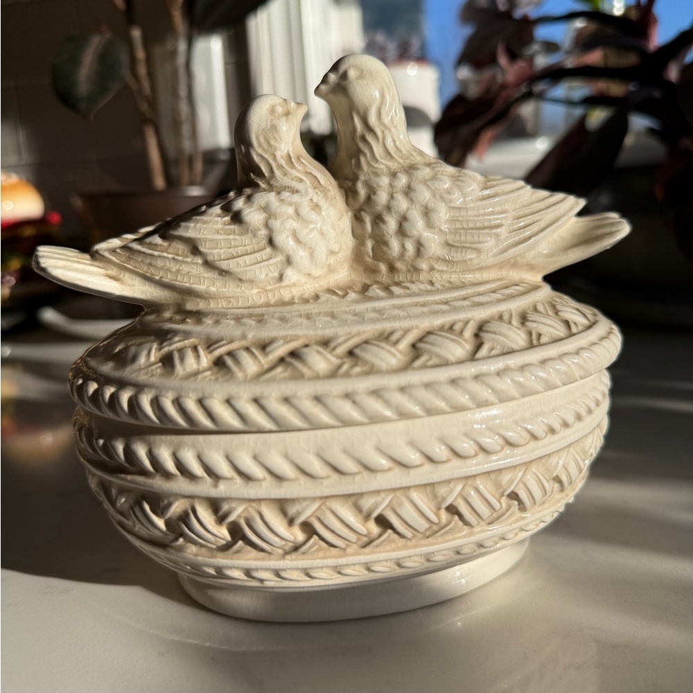 Ceramic Kissing Love Doves on a Nest Trinket Dish or Candy Dish